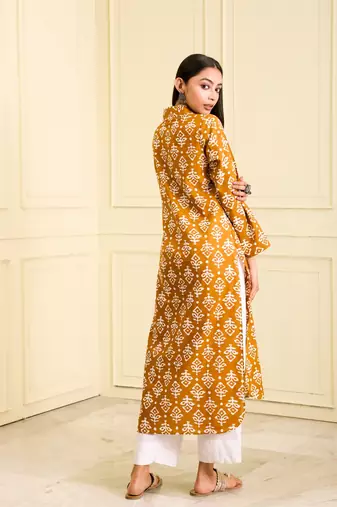 Women's organic cotton hand block printed Mustard yellow color long kurta