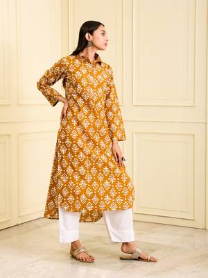 Women's organic cotton hand block printed Mustard yellow color long kurta 3