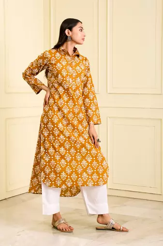 Women's organic cotton hand block printed Mustard yellow color long kurta