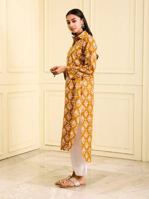 Women's organic cotton hand block printed Mustard yellow color long kurta 4