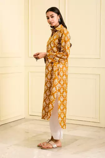 Women's organic cotton hand block printed Mustard yellow color long kurta