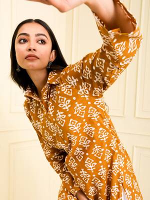 Women's organic cotton hand block printed Mustard yellow color long kurta 5