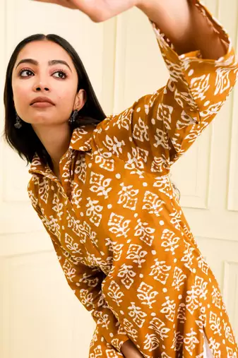Women's organic cotton hand block printed Mustard yellow color long kurta