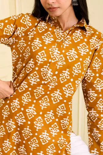 Women's organic cotton hand block printed Mustard yellow color long kurta