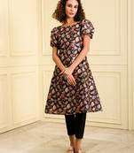 Women's blended silk black with multi color party wear long kurta cum dress 