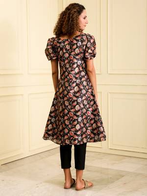 Women's blended silk black with multi color party wear long kurta cum dress  2