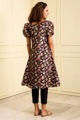 Women's blended silk black with multi color party wear long kurta cum dress 