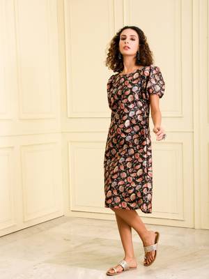 Women's blended silk black with multi color party wear long kurta cum dress  3