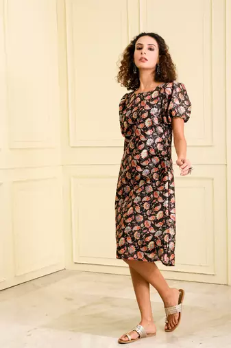 Women's blended silk black with multi color party wear long kurta cum dress 