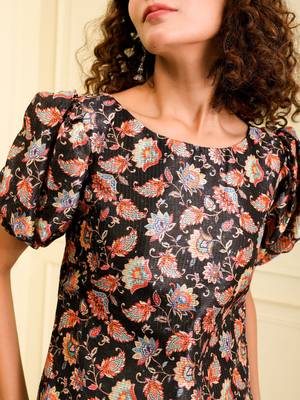 Women's blended silk black with multi color party wear long kurta cum dress  5