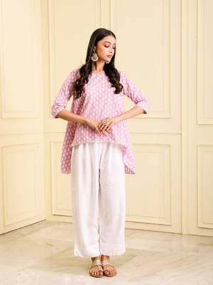 Women's organic cotton hand block printed levender color short kurta 1