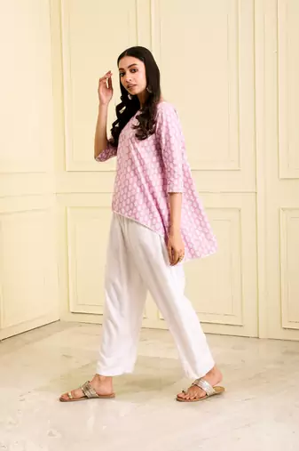Women's organic cotton hand block printed levender color short kurta