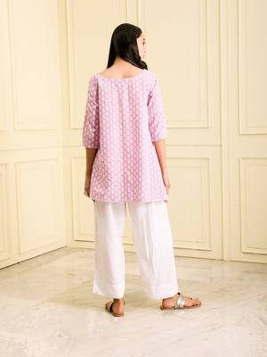 Women's organic cotton hand block printed levender color short kurta 3
