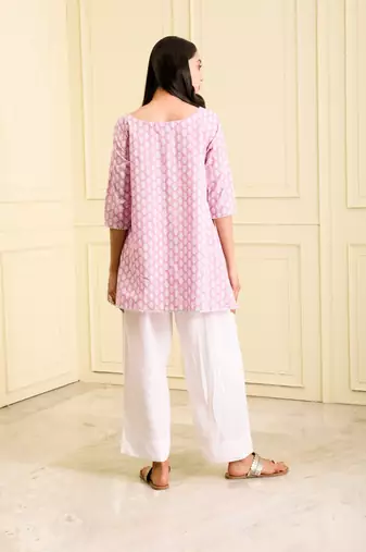 Women's organic cotton hand block printed levender color short kurta