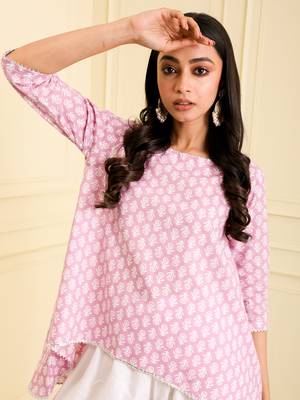 Women's organic cotton hand block printed levender color short kurta 4