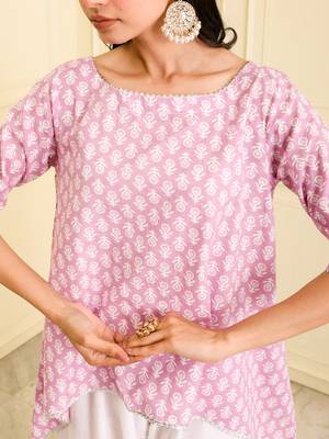 Women's organic cotton hand block printed levender color short kurta 5