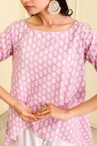 Women's organic cotton hand block printed levender color short kurta