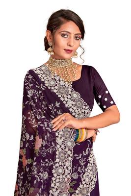 Purple resham embroidery border georgette saree with blouse 2