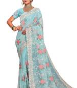 Sea green resham embroidery border georgette saree with blouse