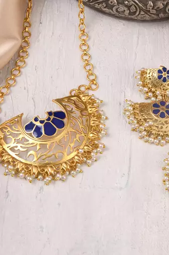 Mogra Necklace with Marigold Duet Earrings (Blue)