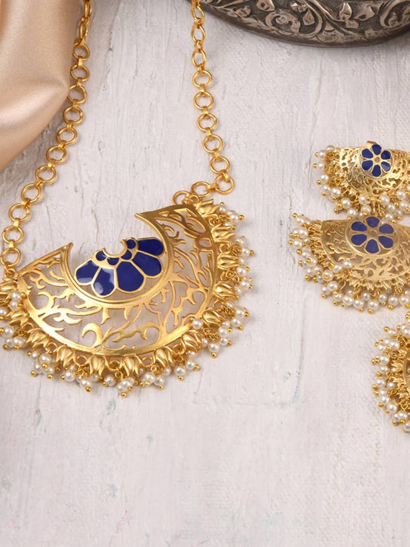 Mogra Necklace with Marigold Duet Earrings (Blue)