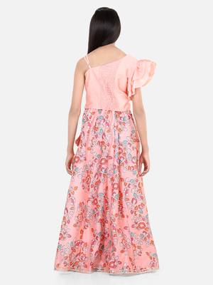 BownBee Chanderi Floral Print   Off Shoulder Choli with Lehenga for Girls- Peach 2
