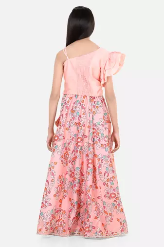 BownBee Chanderi Floral Print   Off Shoulder Choli with Lehenga for Girls- Peach
