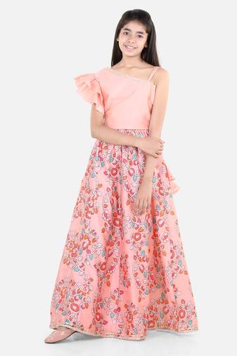 BownBee Chanderi Floral Print   Off Shoulder Choli with Lehenga for Girls- Peach