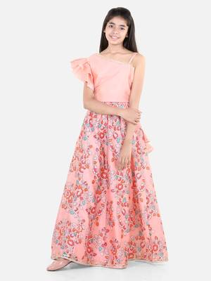 BownBee Chanderi Floral Print   Off Shoulder Choli with Lehenga for Girls- Peach 1