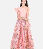 BownBee Chanderi Floral Print   Off Shoulder Choli with Lehenga for Girls- Peach