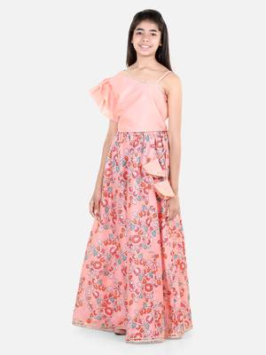 BownBee Chanderi Floral Print   Off Shoulder Choli with Lehenga for Girls- Peach 3