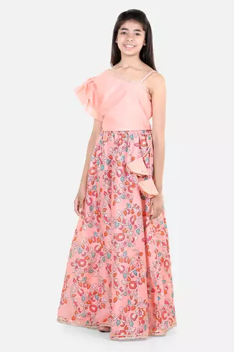 BownBee Chanderi Floral Print   Off Shoulder Choli with Lehenga for Girls- Peach