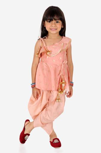 BownBee Ethnic  Chanderi Silk Sibling set Indo Western Peplum Kurti with Dhoti for Girls- Peach