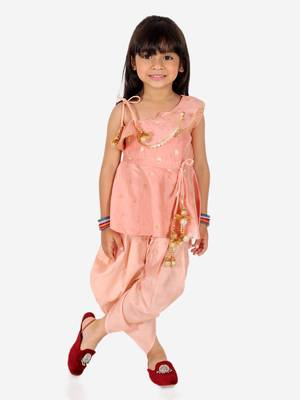 BownBee Ethnic  Chanderi Silk Sibling set Indo Western Peplum Kurti with Dhoti for Girls- Peach 1
