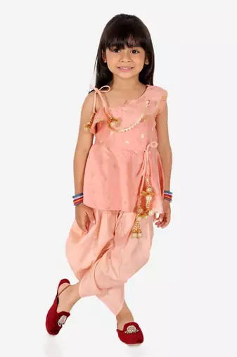 BownBee Ethnic  Chanderi Silk Sibling set Indo Western Peplum Kurti with Dhoti for Girls- Peach