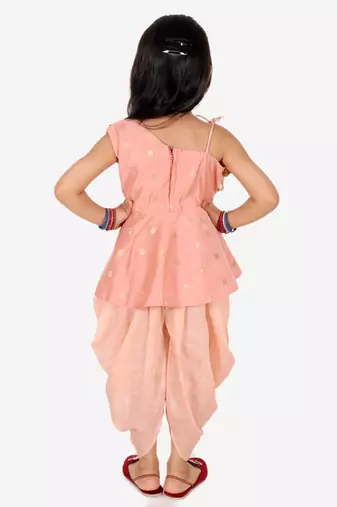 BownBee Ethnic  Chanderi Silk Sibling set Indo Western Peplum Kurti with Dhoti for Girls- Peach