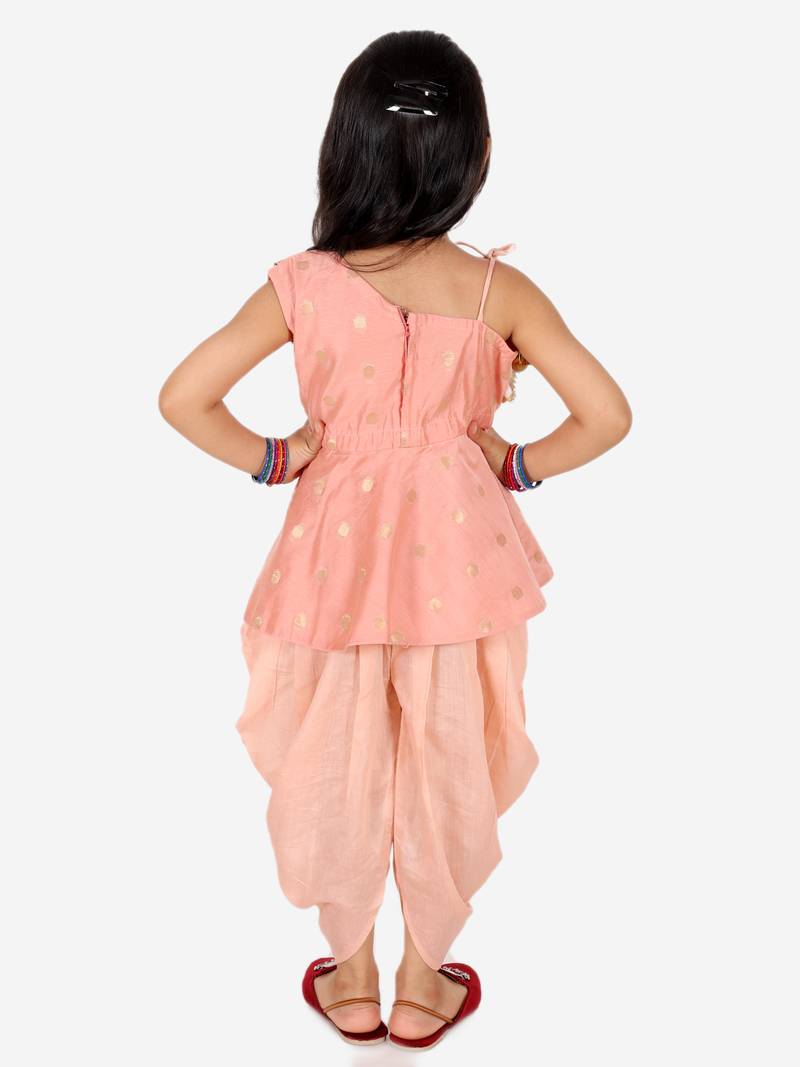 BownBee Ethnic  Chanderi Silk Sibling set Indo Western Peplum Kurti with Dhoti for Girls- Peach