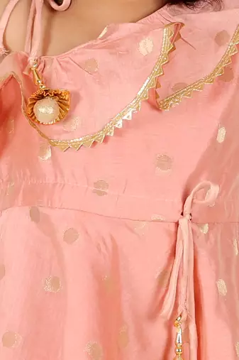 BownBee Ethnic  Chanderi Silk Sibling set Indo Western Peplum Kurti with Dhoti for Girls- Peach