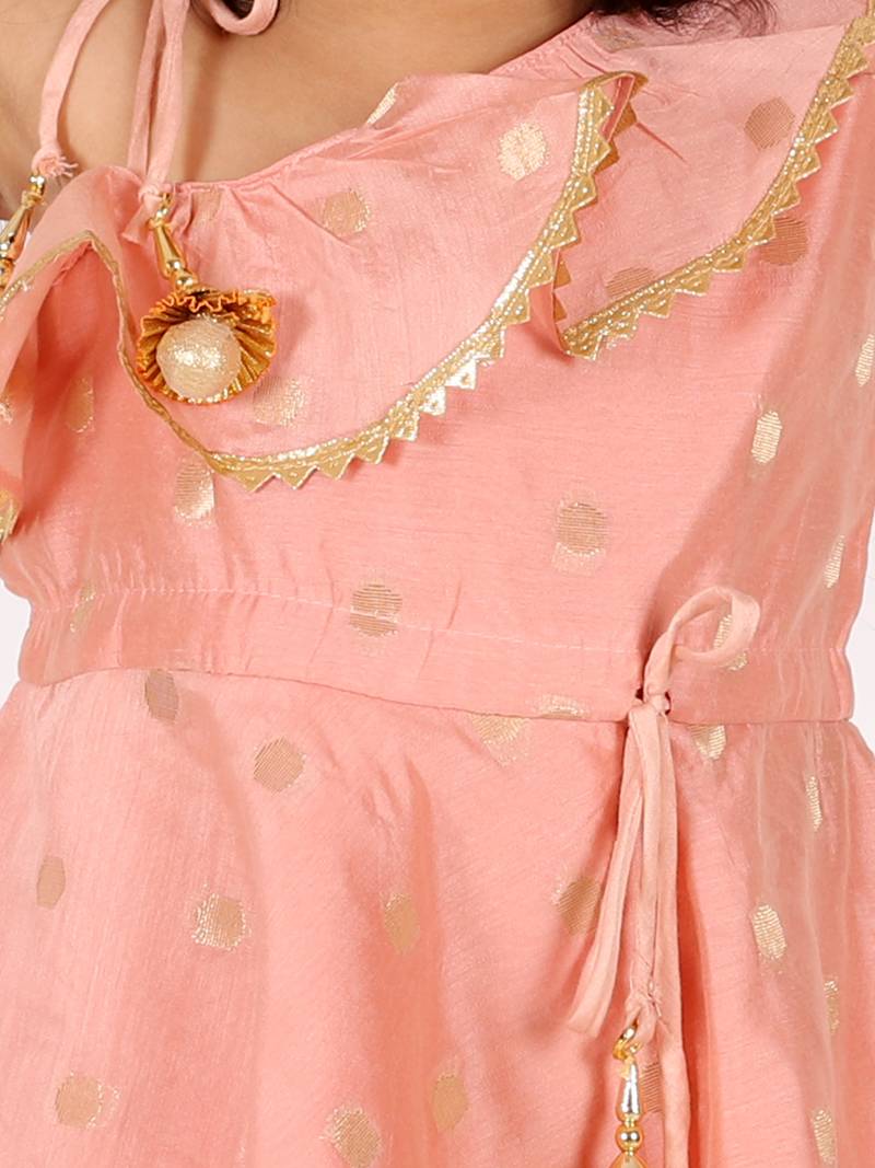 BownBee Ethnic  Chanderi Silk Sibling set Indo Western Peplum Kurti with Dhoti for Girls- Peach