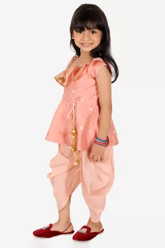 BownBee Ethnic  Chanderi Silk Sibling set Indo Western Peplum Kurti with Dhoti for Girls- Peach