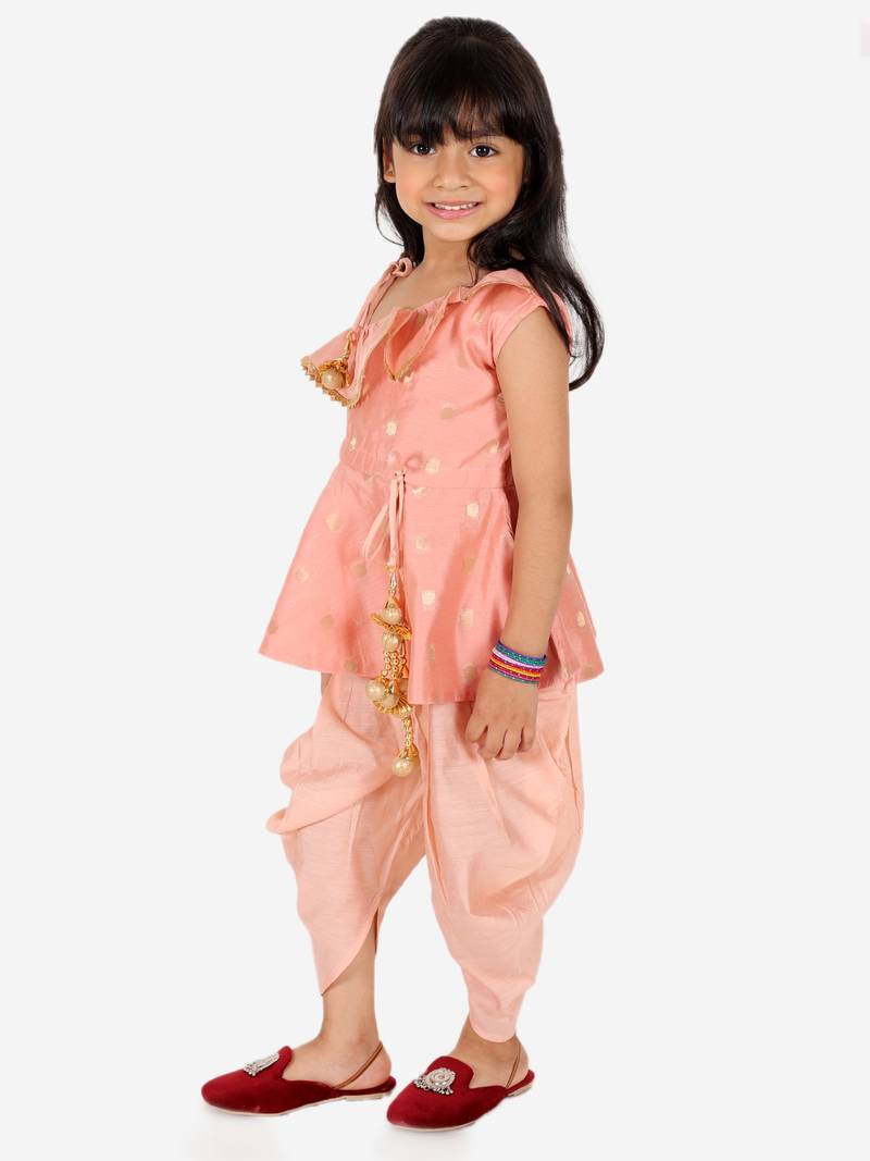 BownBee Ethnic  Chanderi Silk Sibling set Indo Western Peplum Kurti with Dhoti for Girls- Peach