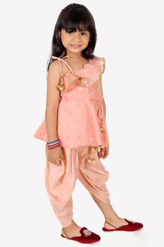 BownBee Ethnic  Chanderi Silk Sibling set Indo Western Peplum Kurti with Dhoti for Girls- Peach