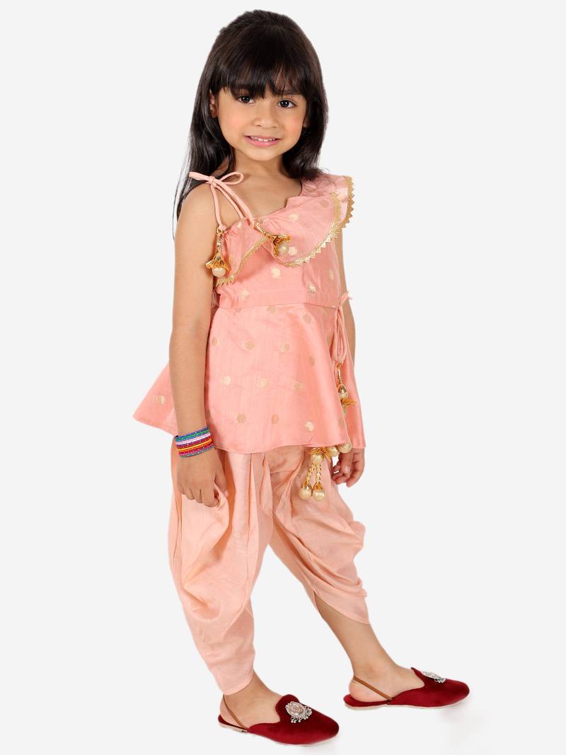 BownBee Ethnic  Chanderi Silk Sibling set Indo Western Peplum Kurti with Dhoti for Girls- Peach