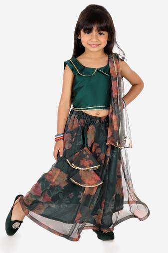 BownBee  Ethnic Chanderi Choli and Floral print Net Lehenga with Attached Dupatta for Baby Girls- Green