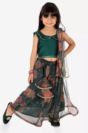 BownBee  Ethnic Chanderi Choli and Floral print Net Lehenga with Attached Dupatta for Baby Girls- Green