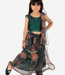 BownBee  Ethnic Chanderi Choli and Floral print Net Lehenga with Attached Dupatta for Baby Girls- Green