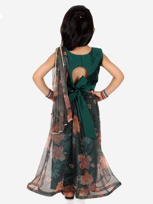 BownBee  Ethnic Chanderi Choli and Floral print Net Lehenga with Attached Dupatta for Baby Girls- Green 2