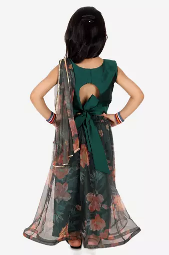 BownBee  Ethnic Chanderi Choli and Floral print Net Lehenga with Attached Dupatta for Baby Girls- Green