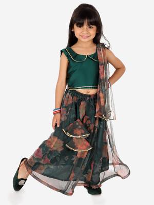 BownBee  Ethnic Chanderi Choli and Floral print Net Lehenga with Attached Dupatta for Baby Girls- Green 3