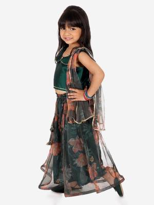 BownBee  Ethnic Chanderi Choli and Floral print Net Lehenga with Attached Dupatta for Baby Girls- Green 4